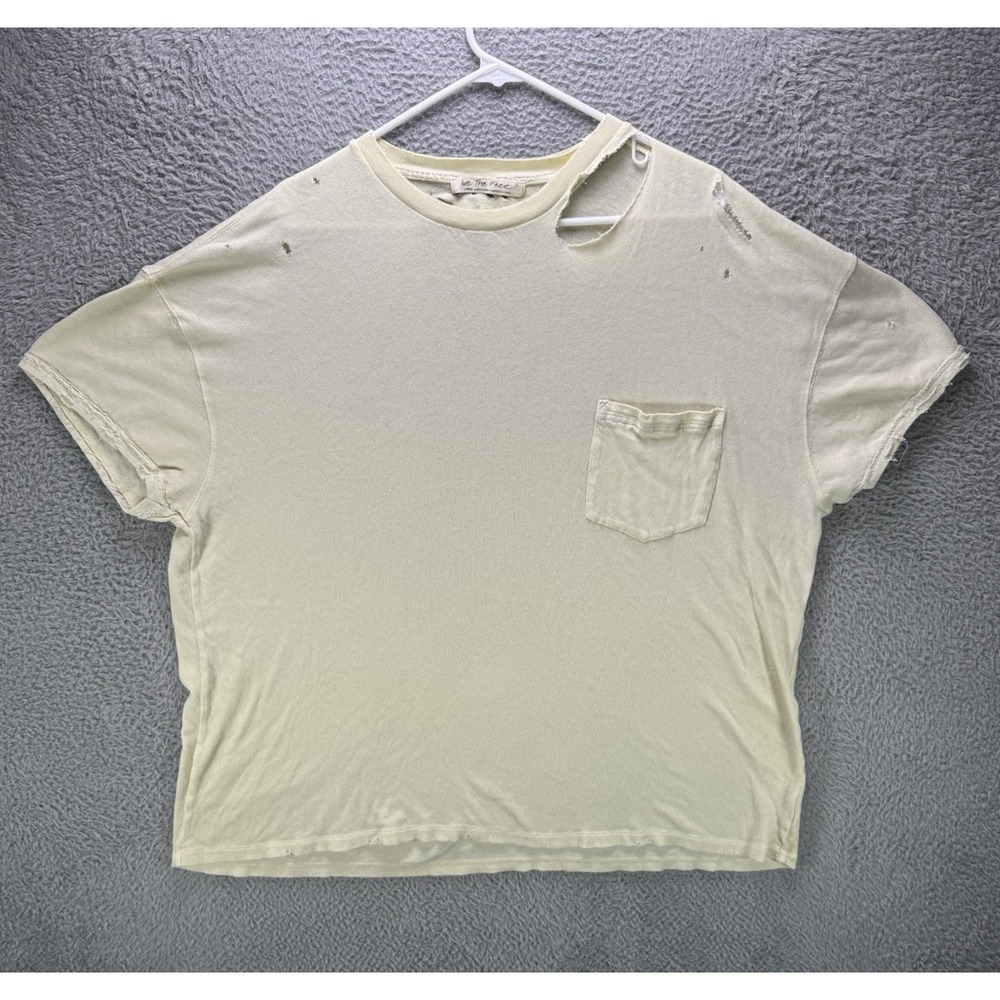 We The Free People Shirt Top Womens Large Yellow Distressed Pocket T Destroyed